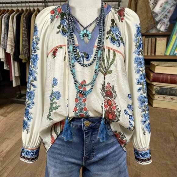 Beige Boho Women's Floral Embroidered Puff Sleeve Blouse with Tassel Tie - Picture 5 of 5